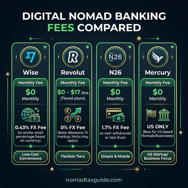 Digital Nomad Banking Fees and Cost Comparison Infographic