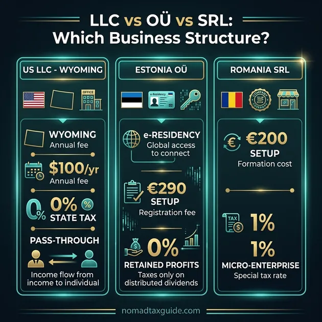 LLC vs OÜ vs SRL Digital Nomad Business Setup Comparison Infographic