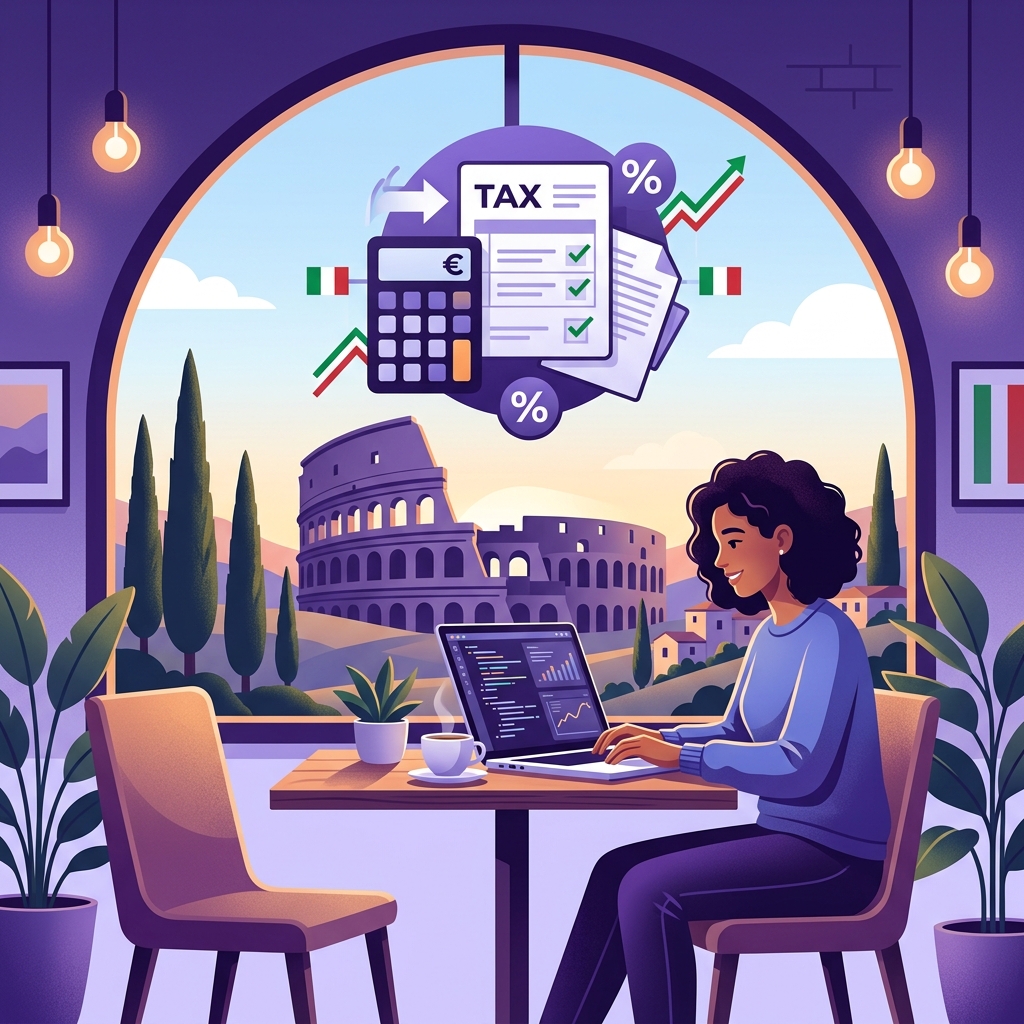 Digital nomad freelancer working from an Italian cafe with Colosseum in background, representing Italy's Regime Forfettario 5% flat tax for remote workers