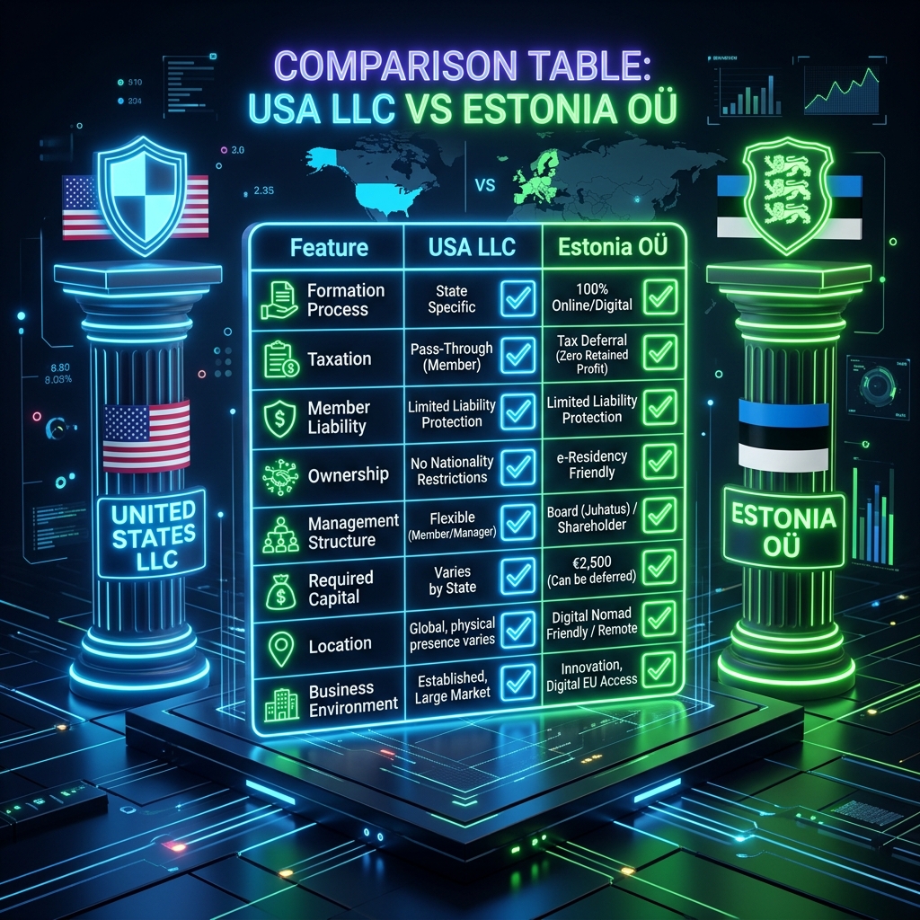 US LLC vs Estonia OÜ Comparison Table Infographic