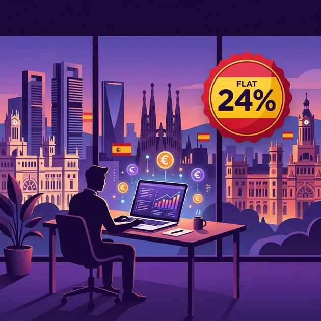 Digital nomad working remotely in Spain with Madrid skyline, illustrating the Beckham Law flat 24% tax rate for expats and remote workers